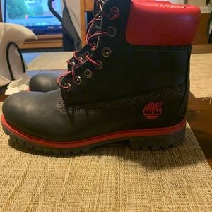 Men’s size 10 black and red leather Timberland boots. Worn less than a handful.